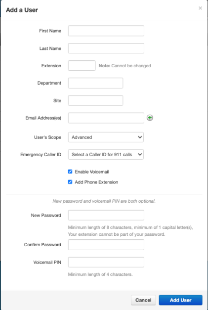 PrimeCall screenshot: managing users - add-user