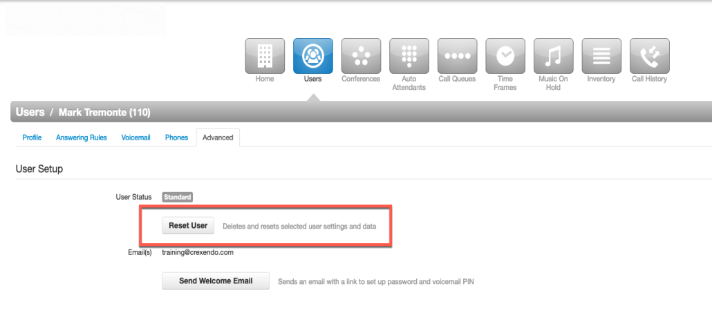 PrimeCall screenshot: managing users - delete-reset