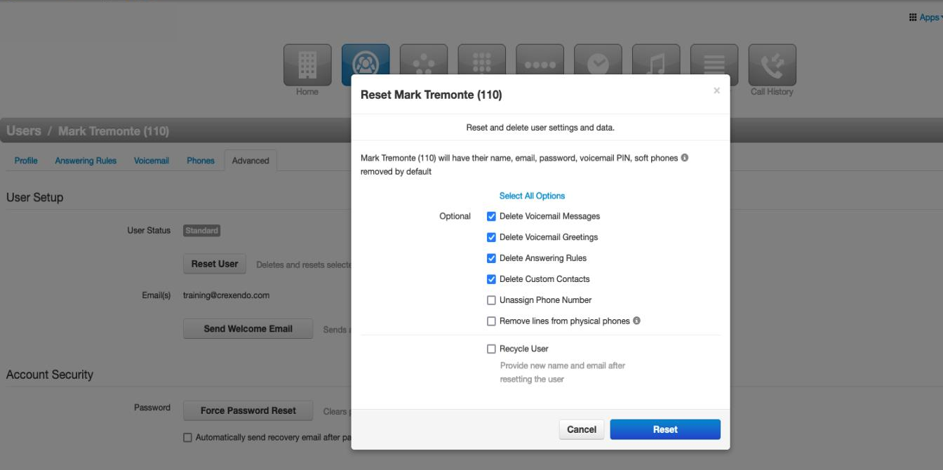 PrimeCall screenshot: managing users - delete-reset