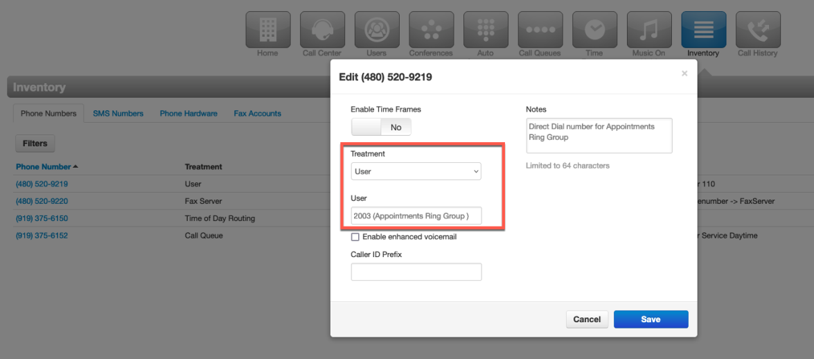 PrimeCall screenshot: managing users - ring-group