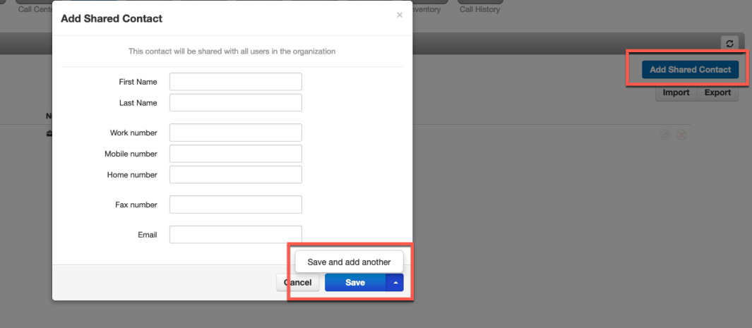PrimeCall screenshot: managing users - shared-contact