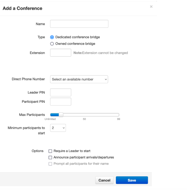 PrimeCall screenshot: conference bridges - create