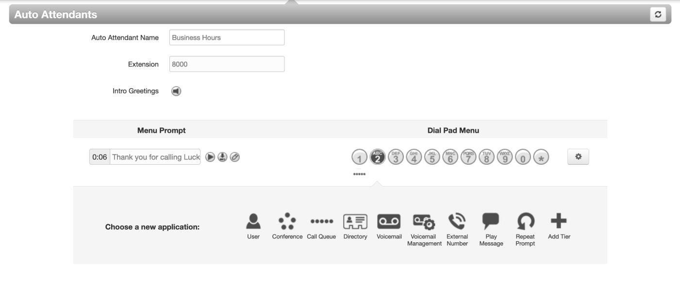 PrimeCall screenshot: auto attendants - basic