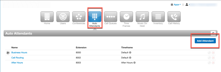 PrimeCall screenshot: auto attendants - create