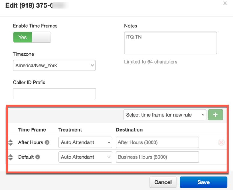PrimeCall screenshot: auto attendants - place