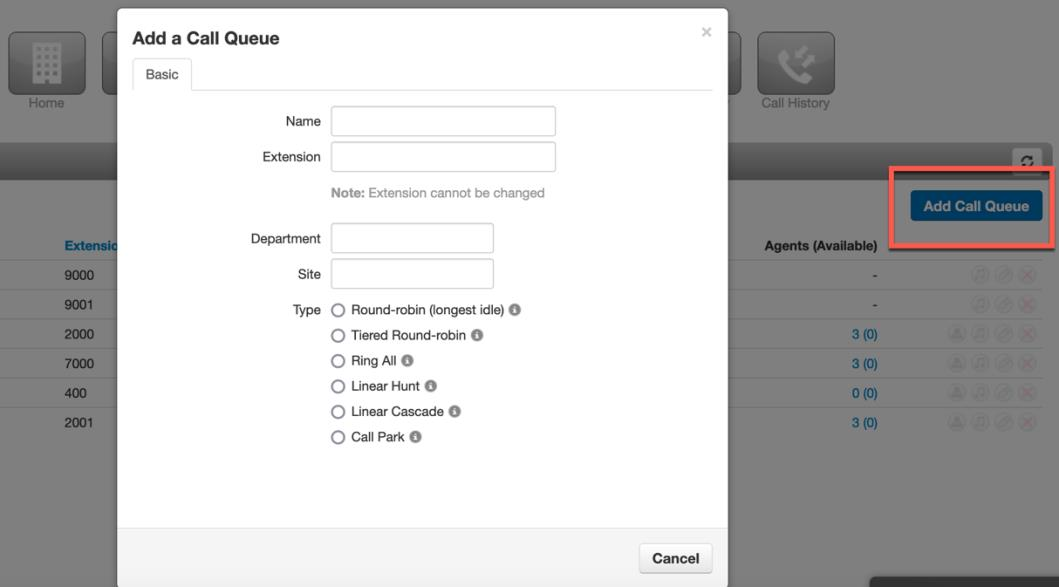 PrimeCall screenshot: call queues - create
