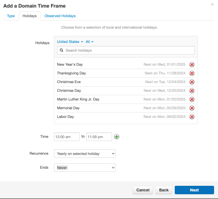 PrimeCall screenshot: time frames - create
