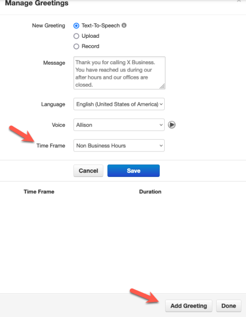 PrimeCall screenshot: time frames - aa-greetings