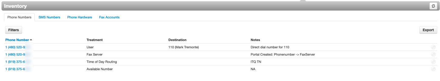 PrimeCall screenshot: inventory - numbers