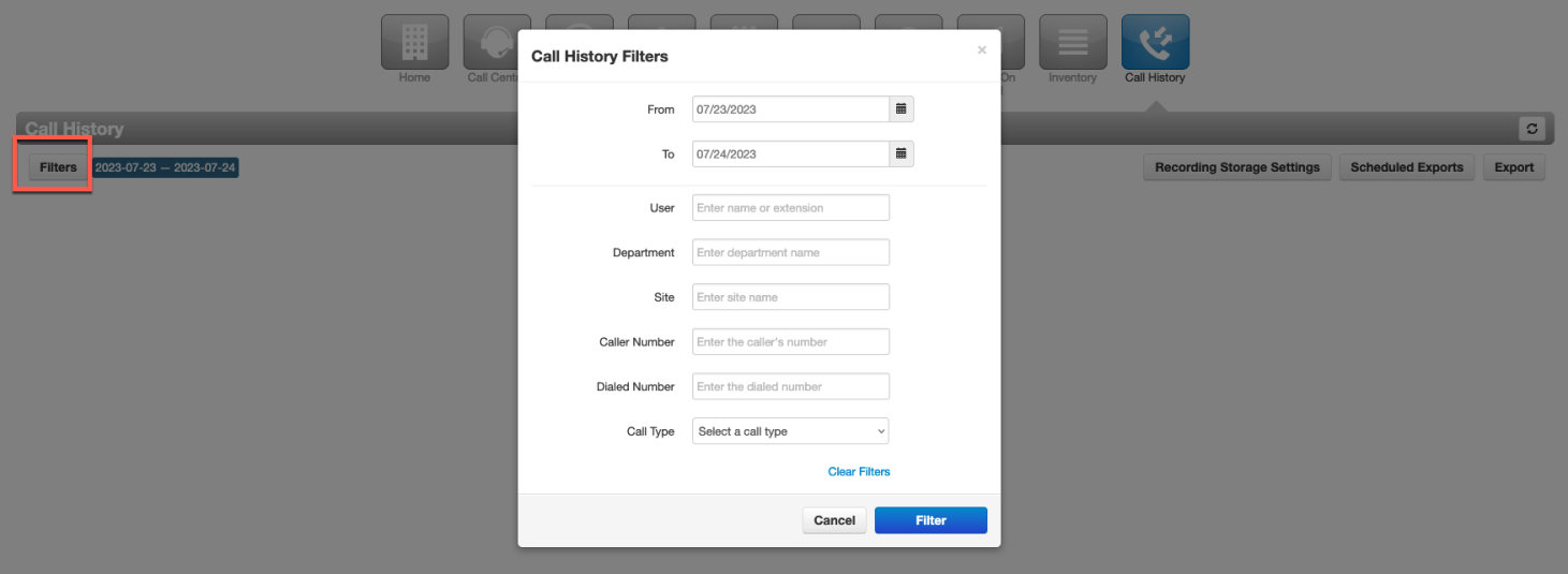 PrimeCall screenshot: call history - storage