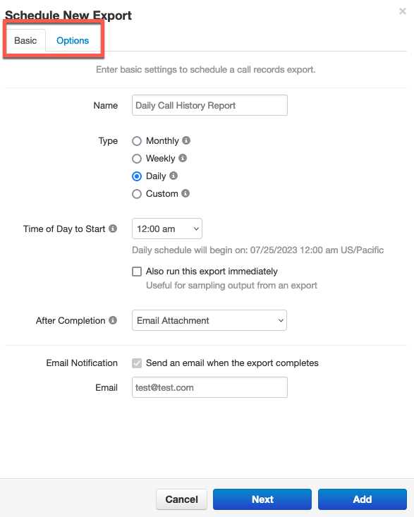 PrimeCall screenshot: call history - exports