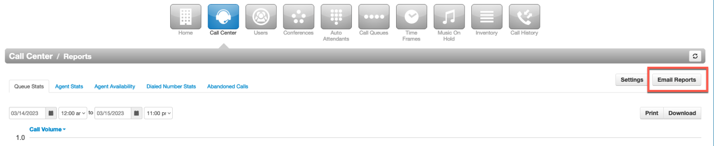 PrimeCall screenshot: call center supervisors - reports