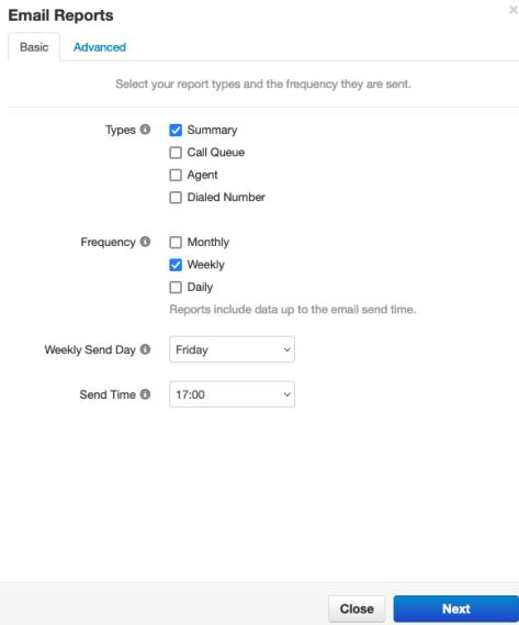 PrimeCall screenshot: call center reporting - email