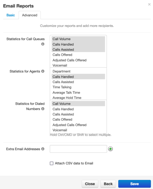PrimeCall screenshot: call center reporting - email