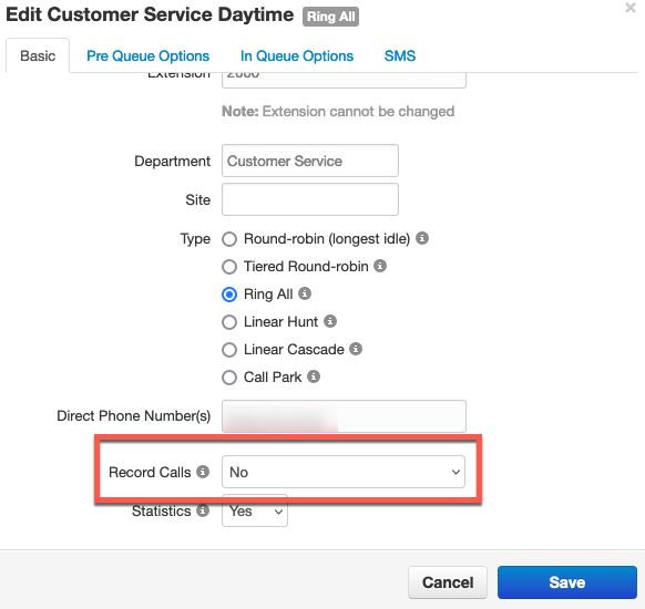 PrimeCall screenshot: call recording - queue