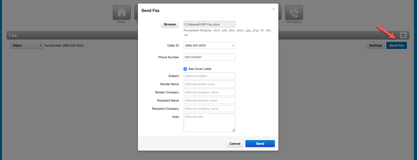 PrimeCall screenshot: fax - portal