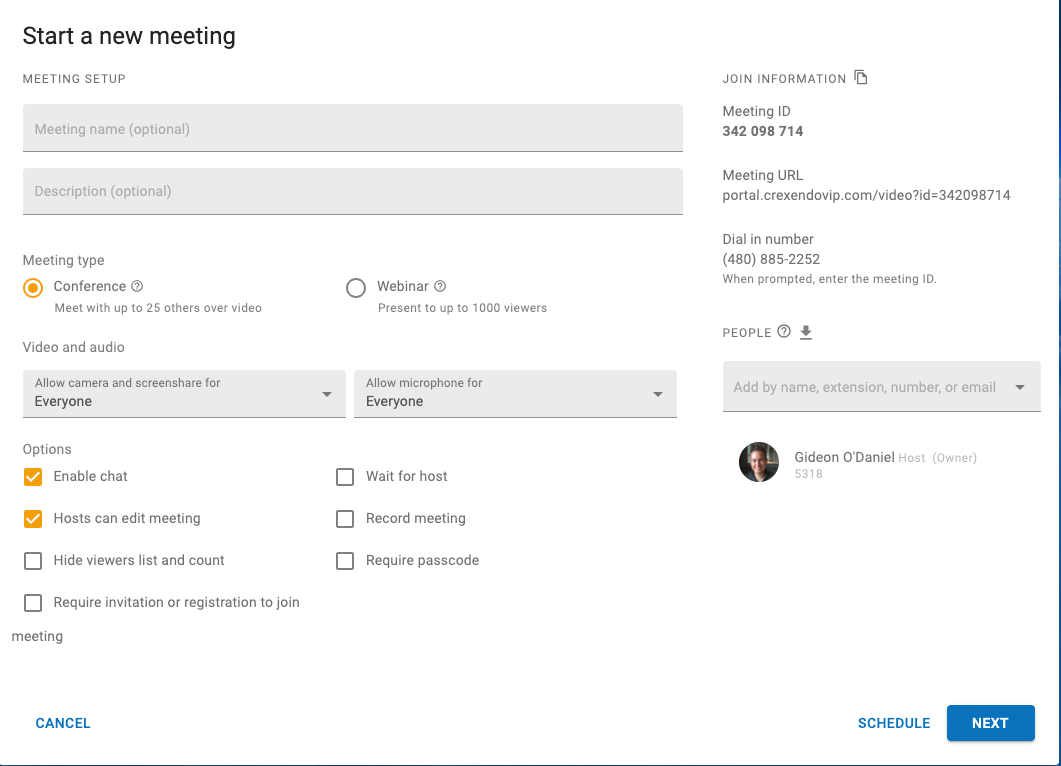 PrimeCall screenshot: meetings - start