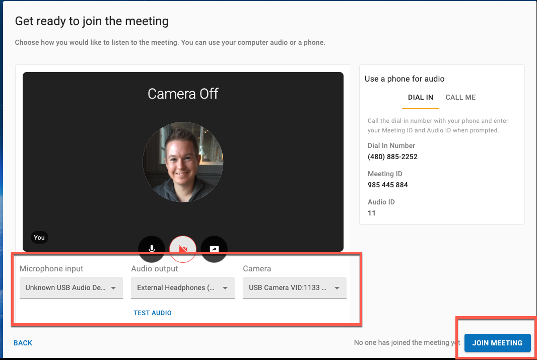 PrimeCall screenshot: meetings - start