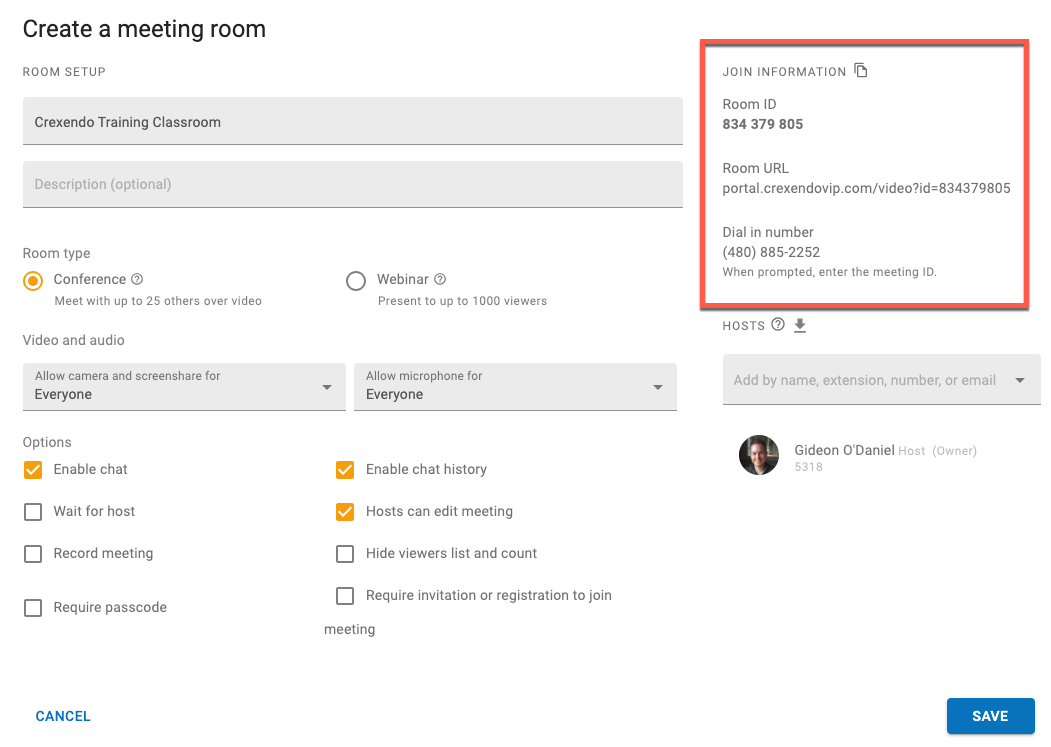 PrimeCall screenshot: meetings - rooms