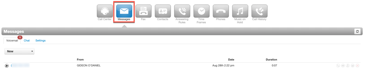 PrimeCall screenshot: voicemail - portal