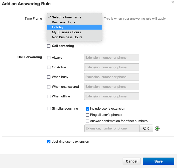 PrimeCall screenshot: portal for users - rules