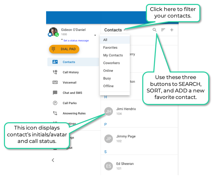 PrimeCall screenshot: web phone - areas