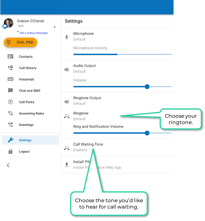 PrimeCall web phone - settings
